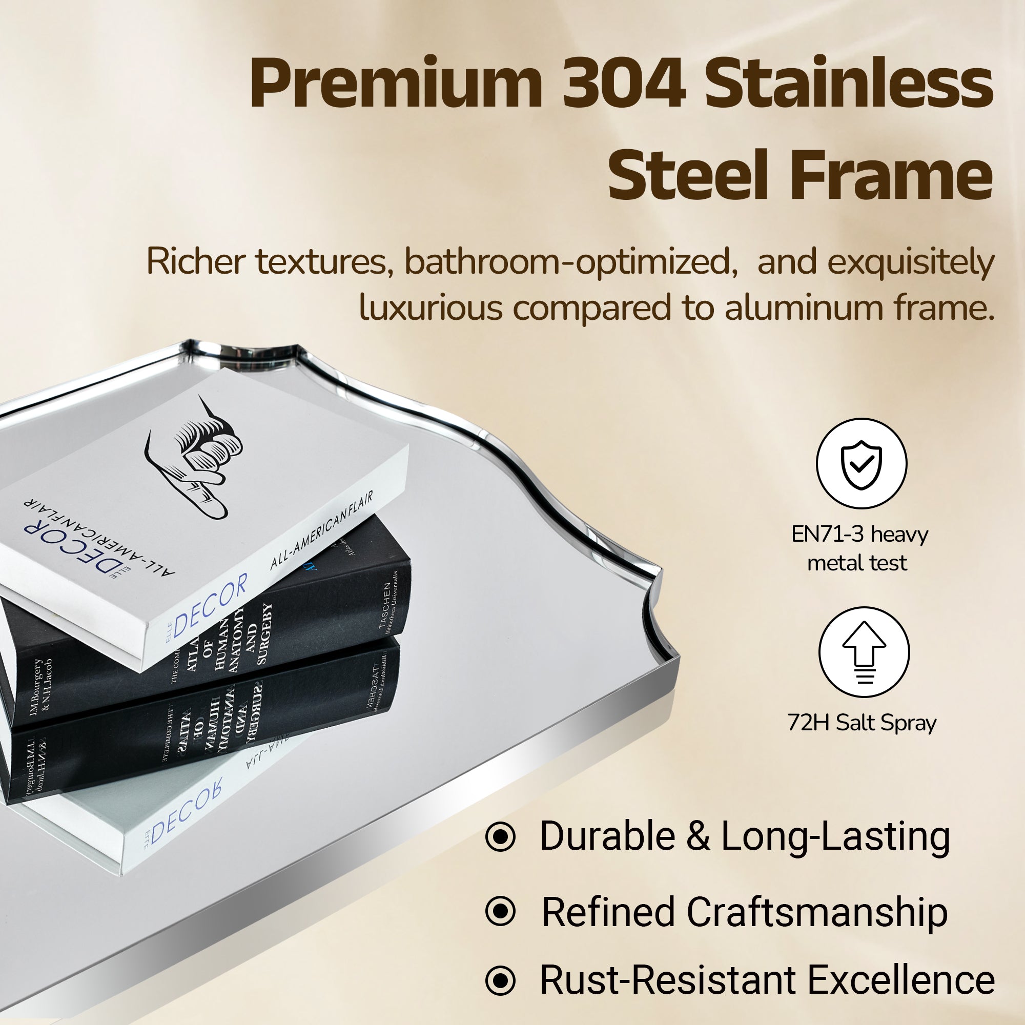 Traditional Rectangle Scalloped  Wall Mirror for Bathroom | Stainless Steel Frame