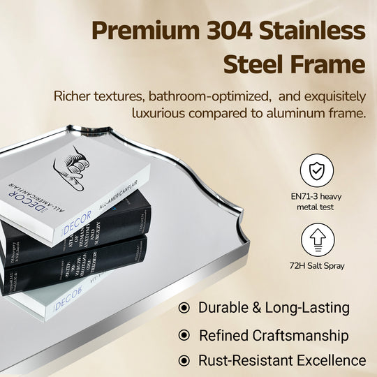 Traditional Rectangle Scalloped  Wall Mirror for Bathroom | Stainless Steel Frame