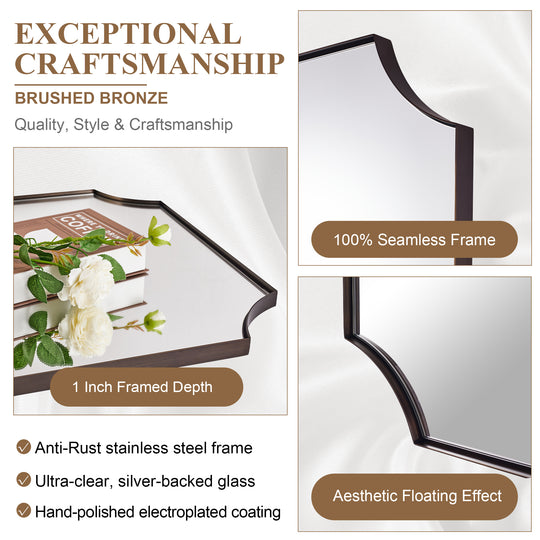 Contemporary Notched Corner Scalloped  Rectangle Bathroom Vanity Mirror | Stainless Steel Frame