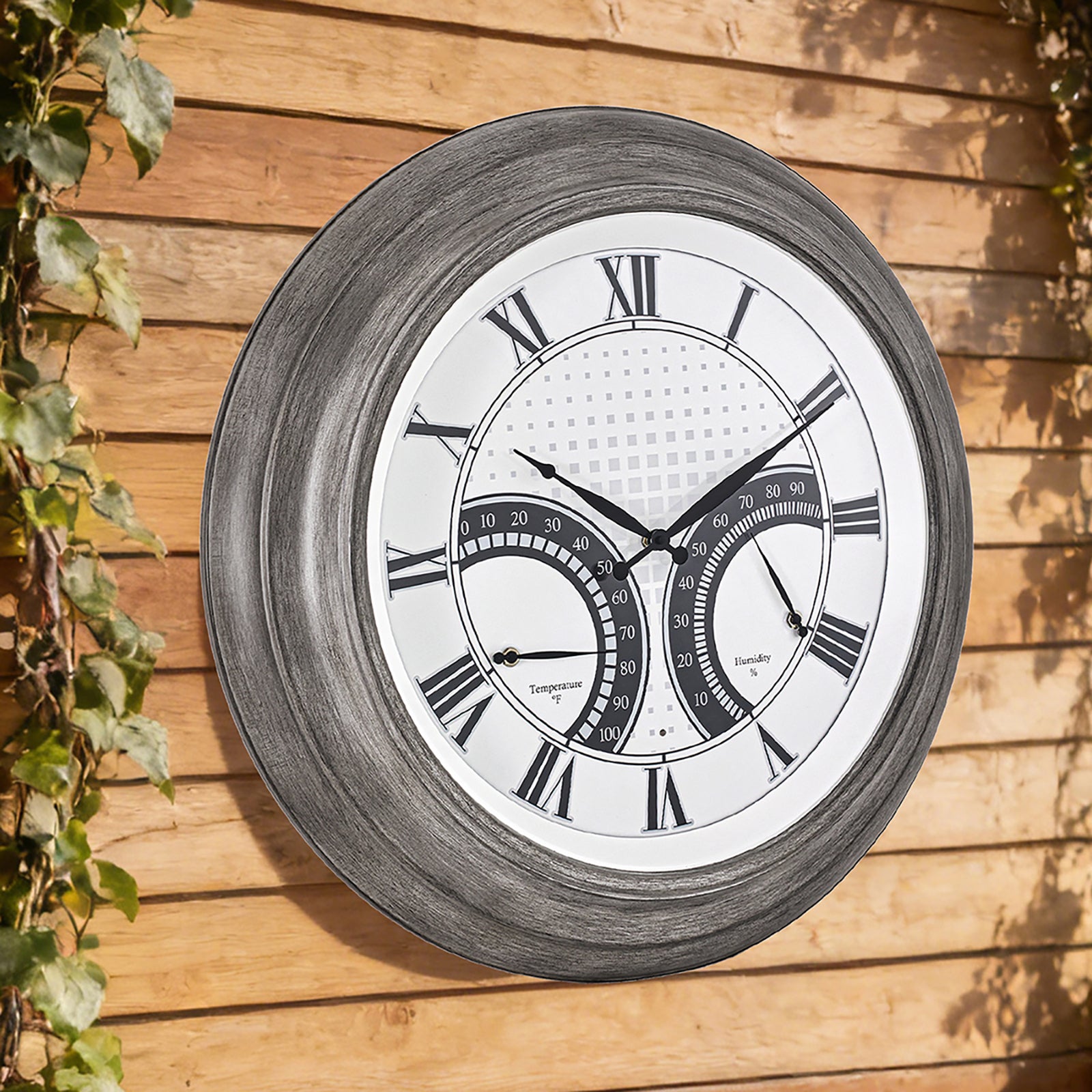 24 Inch Outdoor Wall Clock Large Waterproof Illuminated Clock with Thermometer,Square Grid Dial