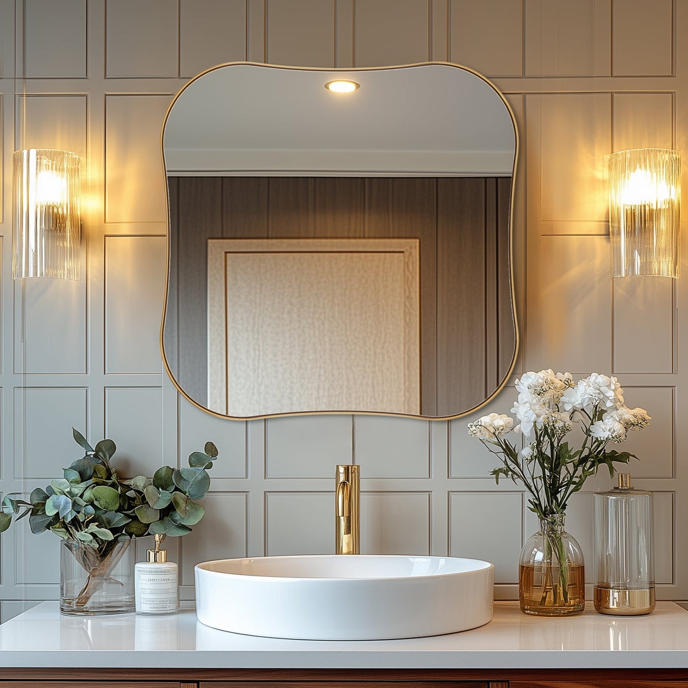Contemporary Square Scalloped Bathroom Mirrors | 30Inch,Stainless Steel Framed