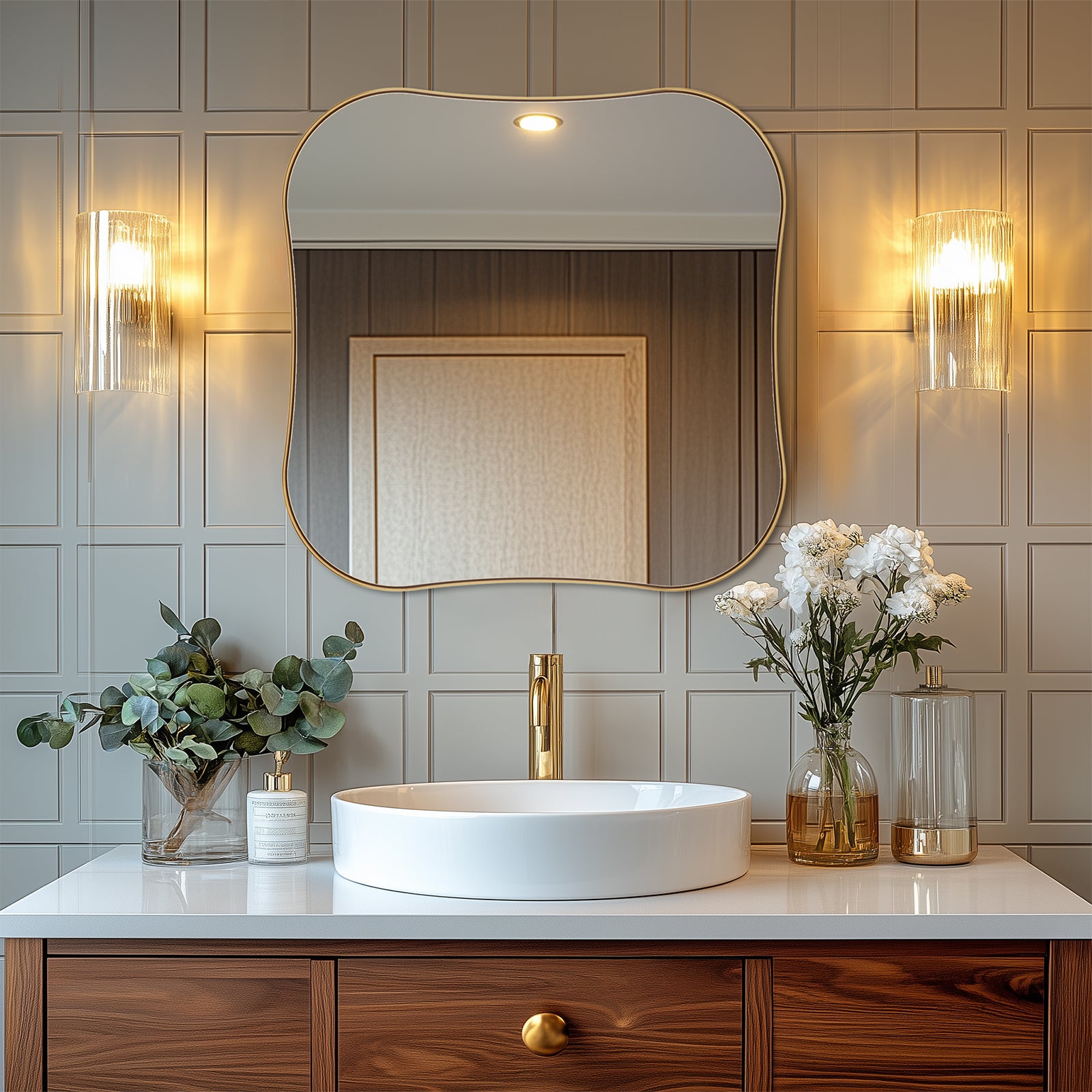 Contemporary Brushed Gold Irregular  Scalloped Square Bathroom Vanity Wall Mirrors