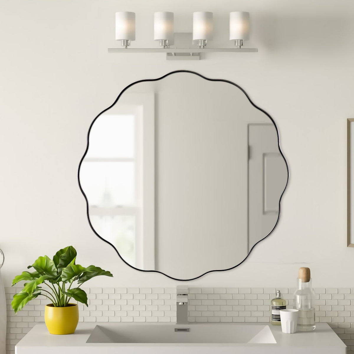 Contemporary Round Scalloped Mirror Wavy Circle Bathroom Vanity Mirror | Stainless Steel Frame