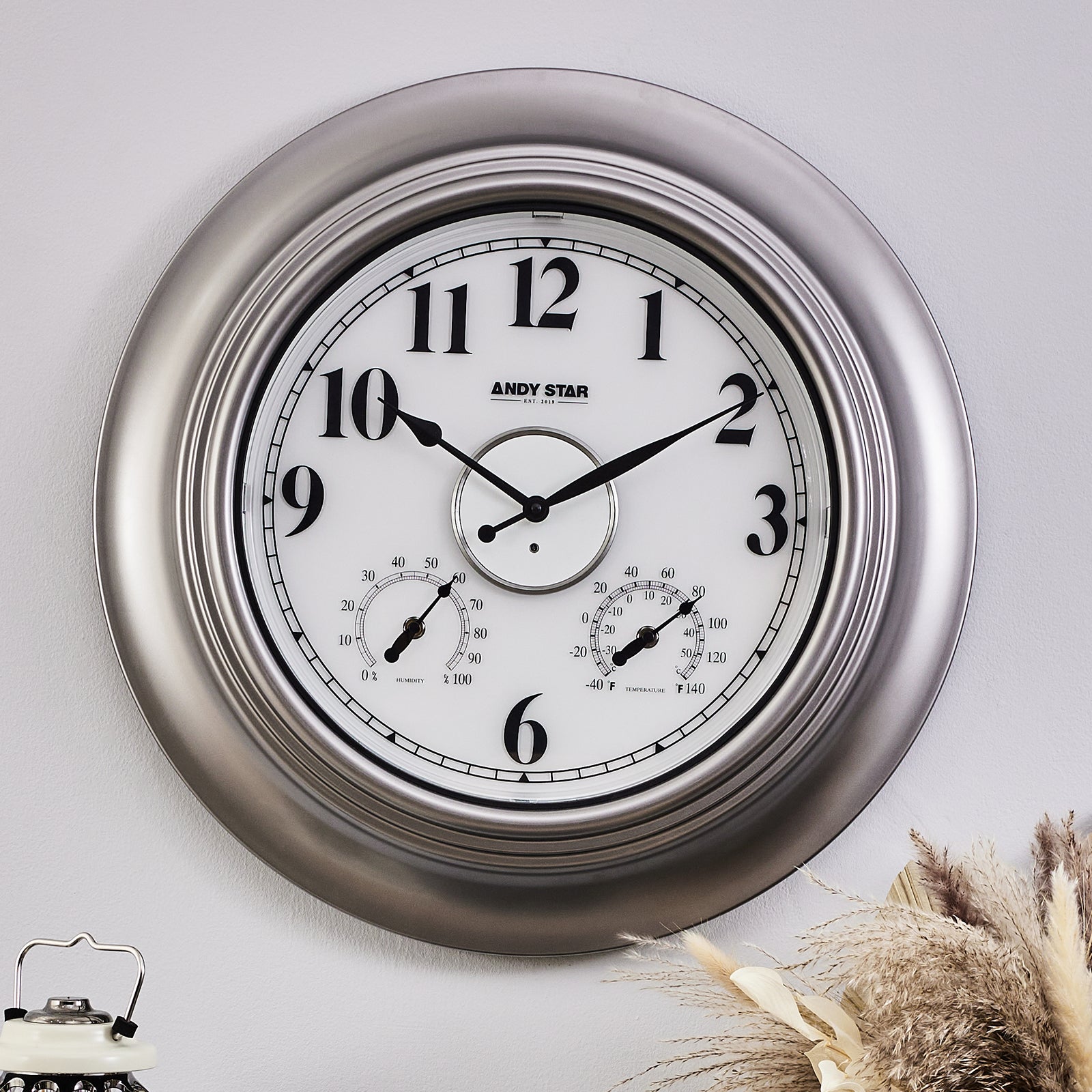 Modern Smart Illuminated Outdoor Wall Clock with Thermometer Weatherproof | Silver,21 inch