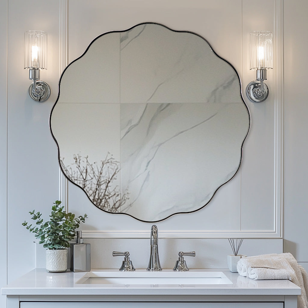 Contemporary Round Scalloped Mirror Wavy Circle Bathroom Vanity Mirror | Stainless Steel Frame