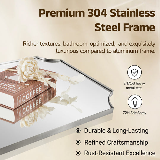 Contemporary Notched Corner Scalloped  Rectangle Bathroom Vanity Mirror | Stainless Steel Frame