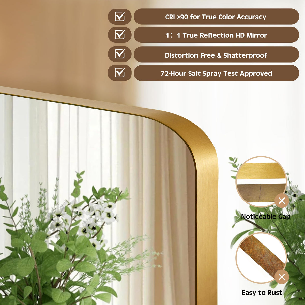 Modern Rounded Rectangle Mirror for Bathroom/ Vanity/ Wall | Stainless Steel Frame