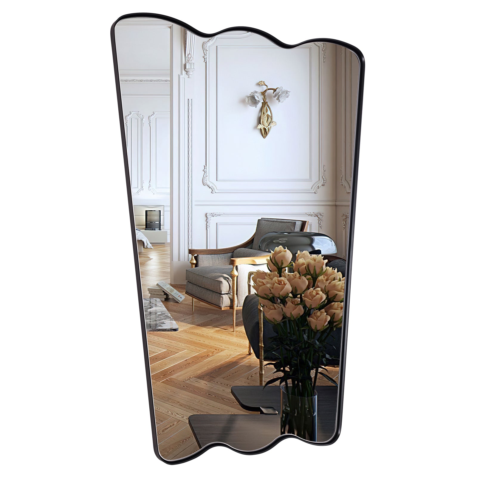 Contemporary Tapered Wavy Scalloped Bathroom Vanity Mirror | Stainless Steel Framed