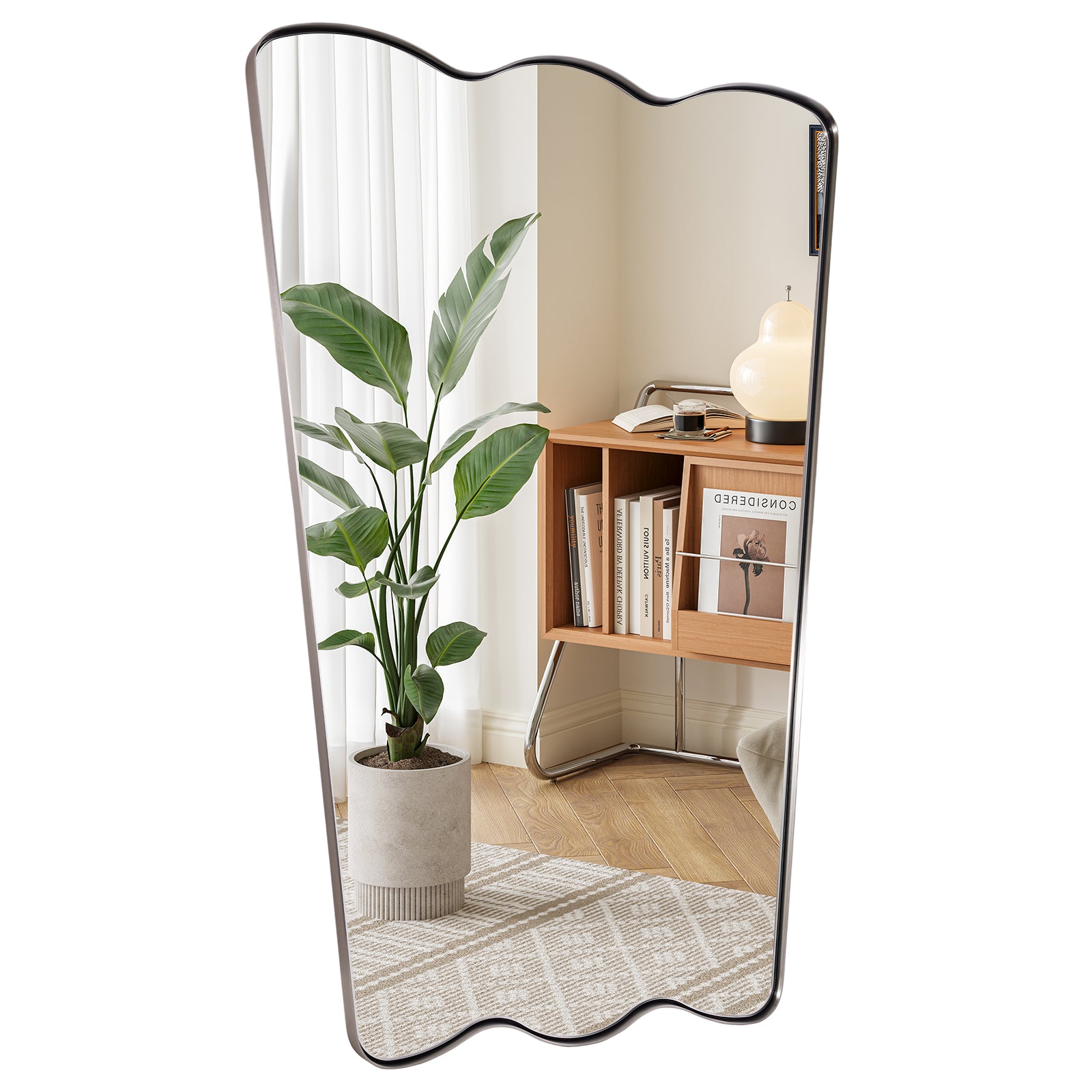 Contemporary Tapered Wavy Scalloped Bathroom Vanity Mirror | Stainless Steel Framed