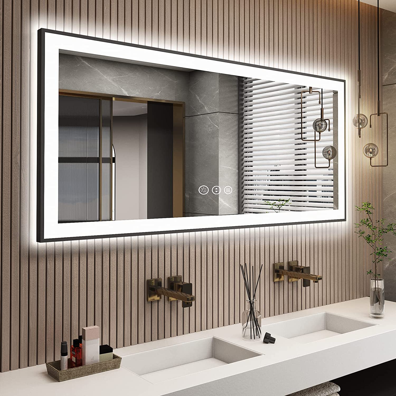 MIRROTREND Black Framed LED Rectangle Bathroom Mirror with Lights