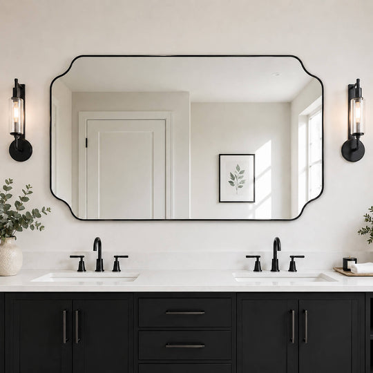 Modern Cut Corner Rectangle Scalloped Mirror for Wall /Bathroom | Stainless Steel Frame