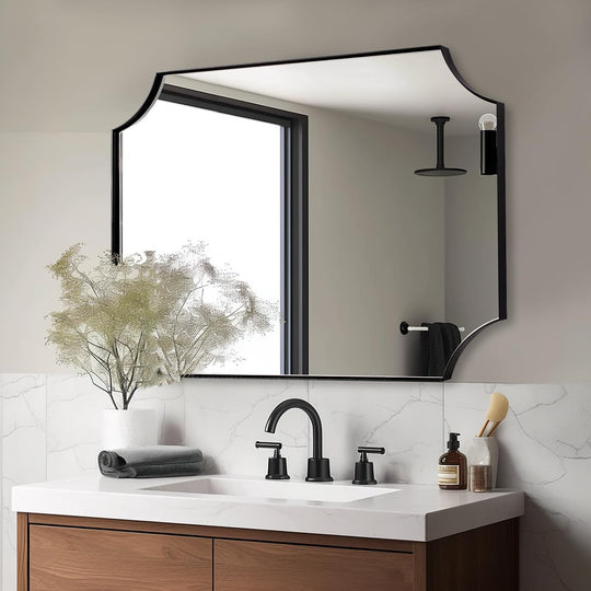 Contemporary  Notched Corner Scalloped  Rectangle Bathroom Wall Mirror | Stainless Steel Frame