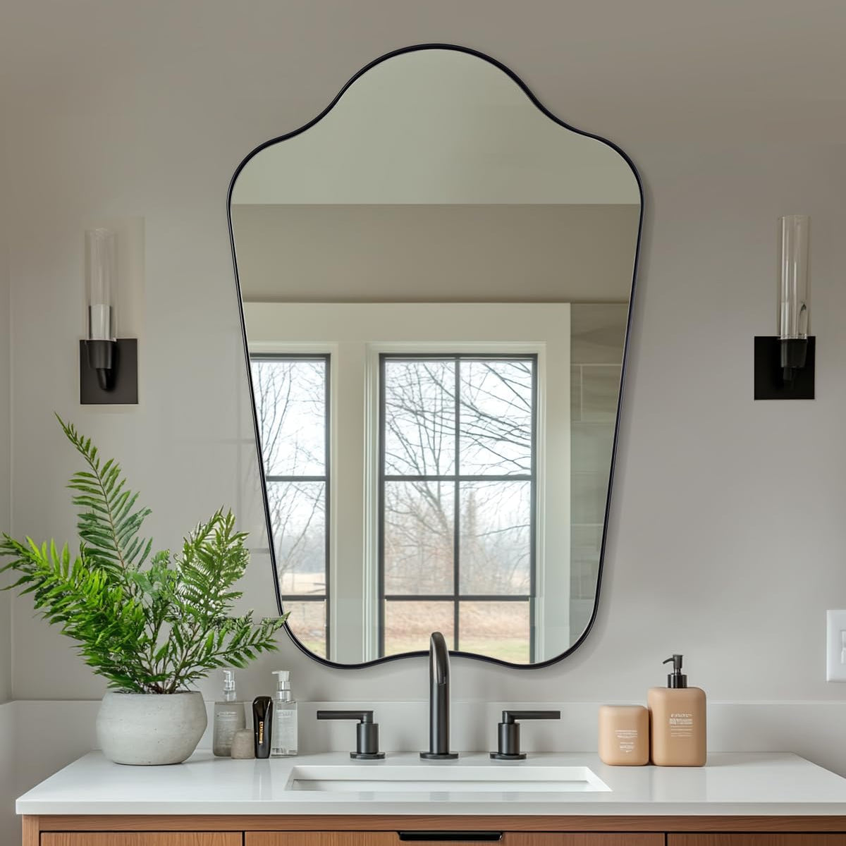 Contemporary Dual Arch Wall Mirror Irregular Scalloped Bathroom Mirror | Stainless Steel Frame