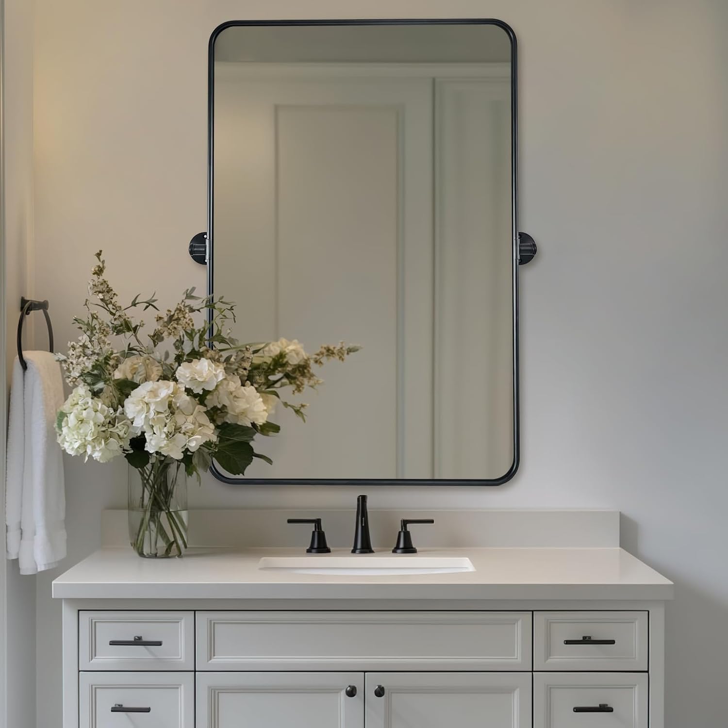 Modern Metal Tube Framed Rectangle Pivot Mirror Adjustable Tilting Bathroom Mirror