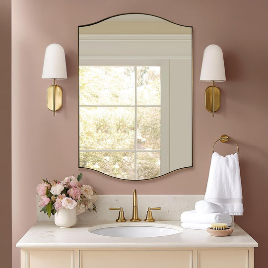Dual Curve Arch Rectangular Scalloped  Bathroom Wall Mirror |Stainless Steel Framed