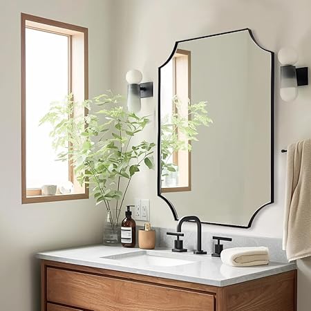 Contemporary  Notched Corner Scalloped  Rectangle Bathroom Wall Mirror | Stainless Steel Frame