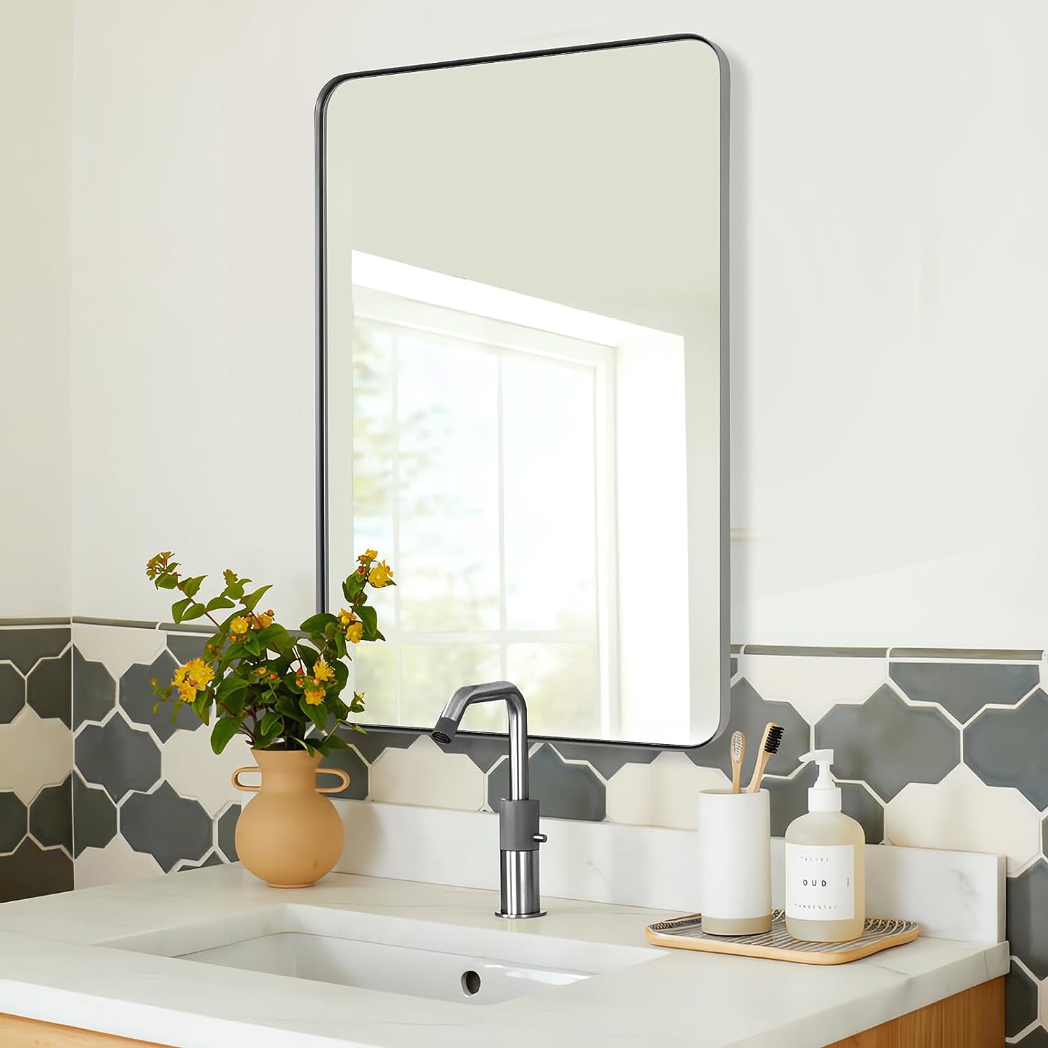 Contemporary Rounded Rectangle Mirror for Bathroom/Vanity | Stainless Steel Frame