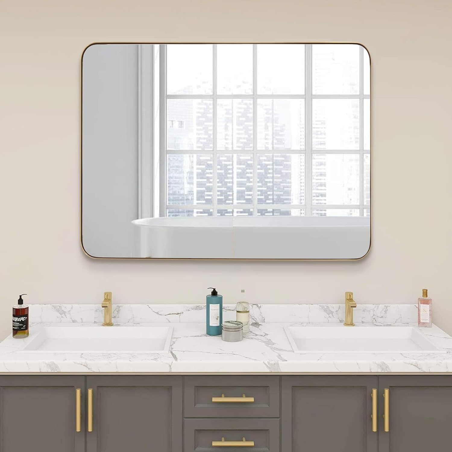 Modern Rounded Rectangle Mirror for Bathroom/ Vanity/ Wall | Stainless Steel Frame