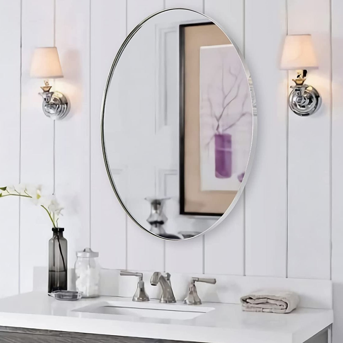 Open Box Like New:  Modern Oval Wall Mounted Mirror for Bathroom Living Room | Stainless Steel Framed
