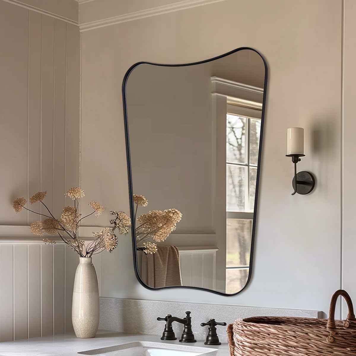 Concave Top Rectangle Irregular Scalloped Bathroom Vanity Mirror Asymmetrical Mirror in Stainless Steel Metal Frame