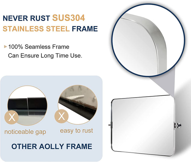 Horizontally Tilting Pivot Rectangle Mirrors for Bathroom | Stainless Steel Frame