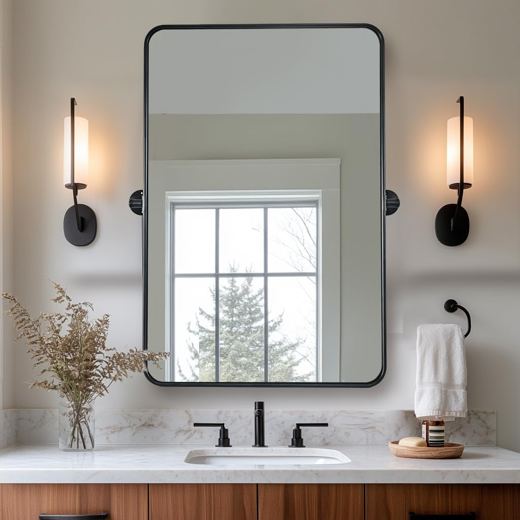 Modern Metal Tube Framed Rectangle Pivot Mirror Adjustable Tilting Bathroom Mirror