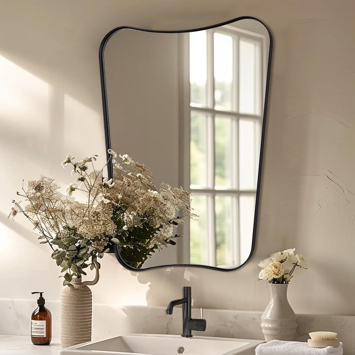 Concave Top Rectangle Irregular Scalloped Bathroom Vanity Mirror Asymmetrical Mirror in Stainless Steel Metal Frame