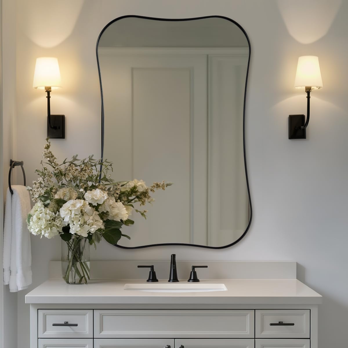 Contemporary Dual  Concave Edge Rouded Scalloped Rectangle Wall Mirror | Stainless Steel Frame