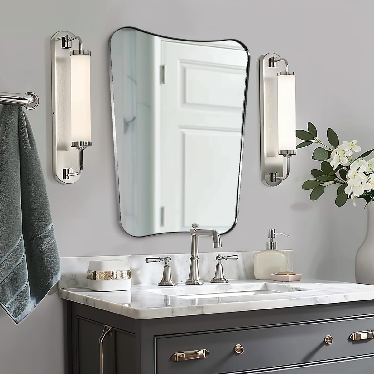 Concave Top Rectangle Irregular Scalloped Bathroom Vanity Mirror Asymmetrical Mirror in Stainless Steel Metal Frame