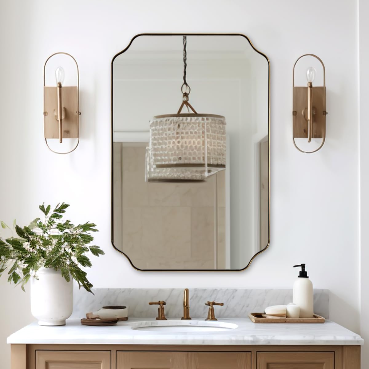 Contemporary Notched Corner Rectangle Scalloped Mirror for Wall /Bathroom | Stainless Steel Frame