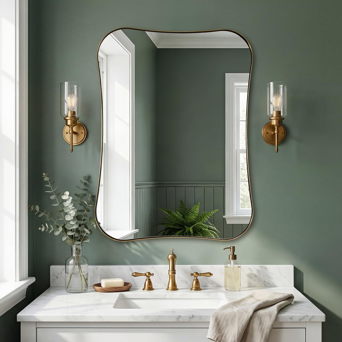 Contemporary Dual  Concave Edge Rouded Scalloped Rectangle Wall Mirror | Stainless Steel Frame