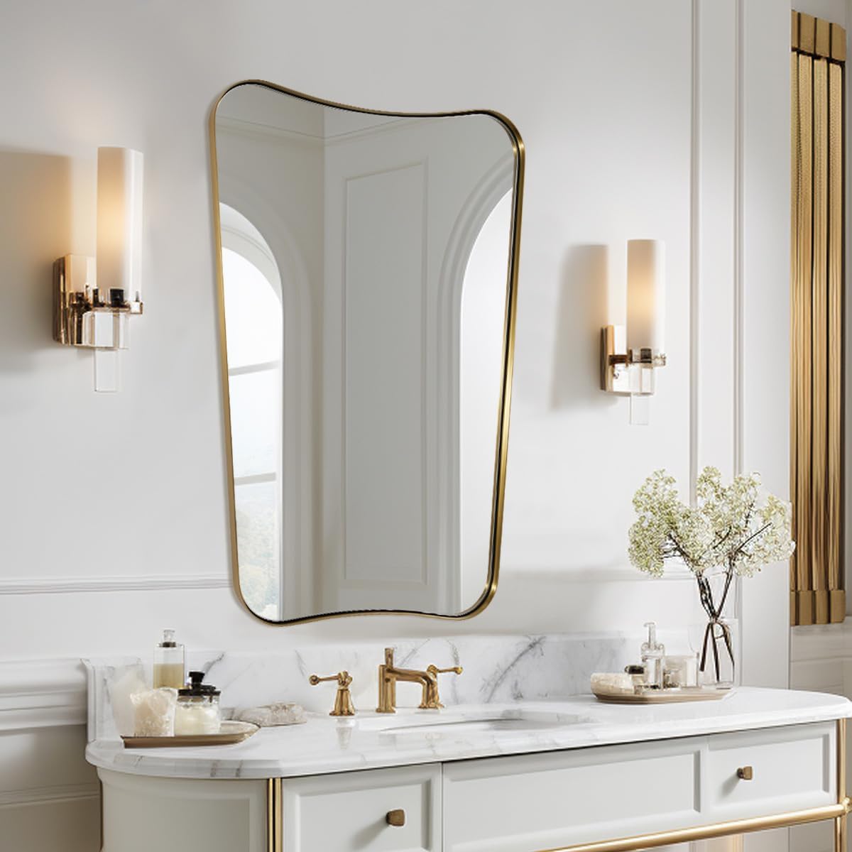 Concave Top Rectangle Irregular Scalloped Bathroom Vanity Mirror Asymmetrical Mirror in Stainless Steel Metal Frame