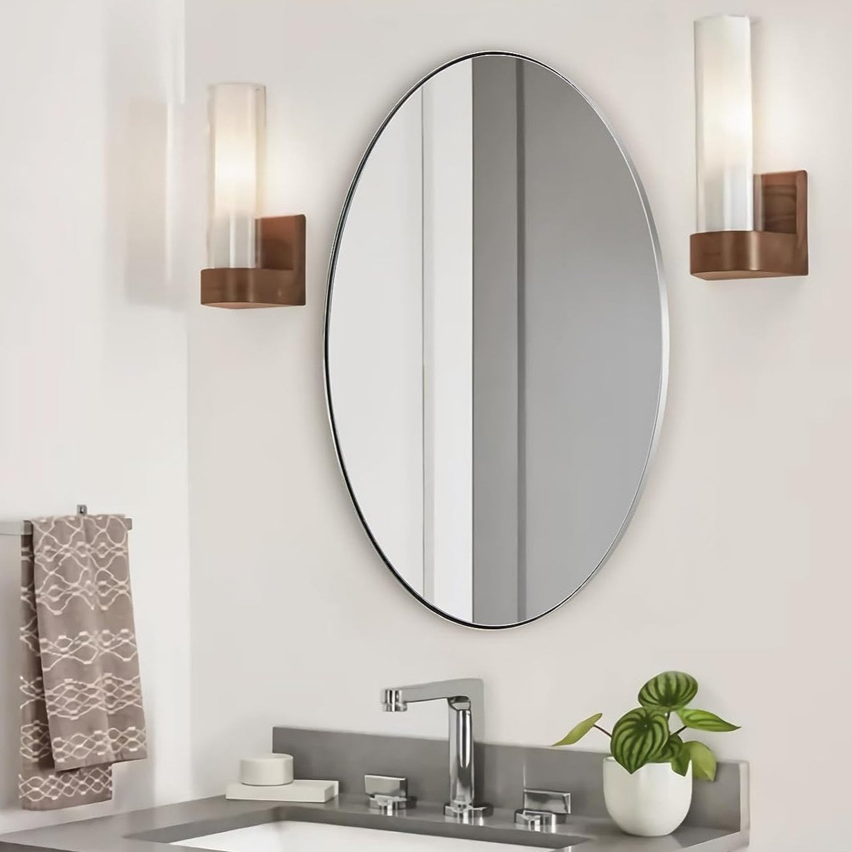 Modern Oval Wall Mounted Mirror for Bathroom Living Room | Stainless Steel Framed