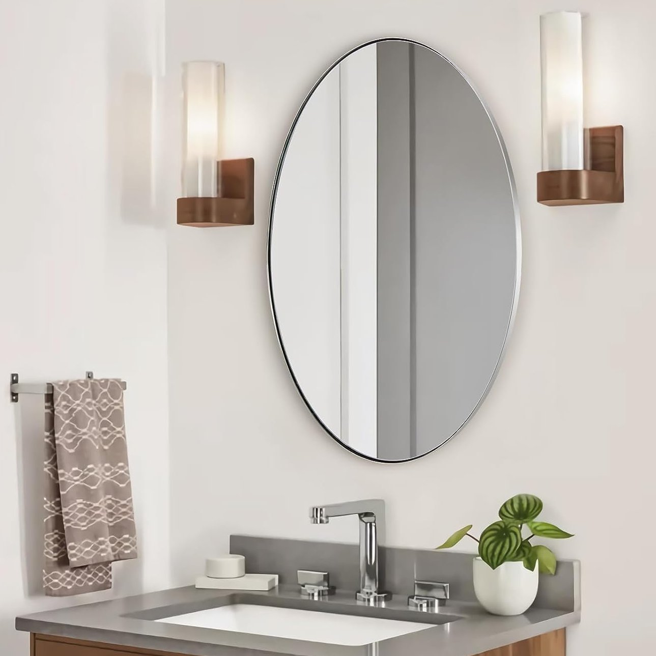 Modern Oval Wall Mounted Mirror for Bathroom Living Room | Stainless Steel Framed