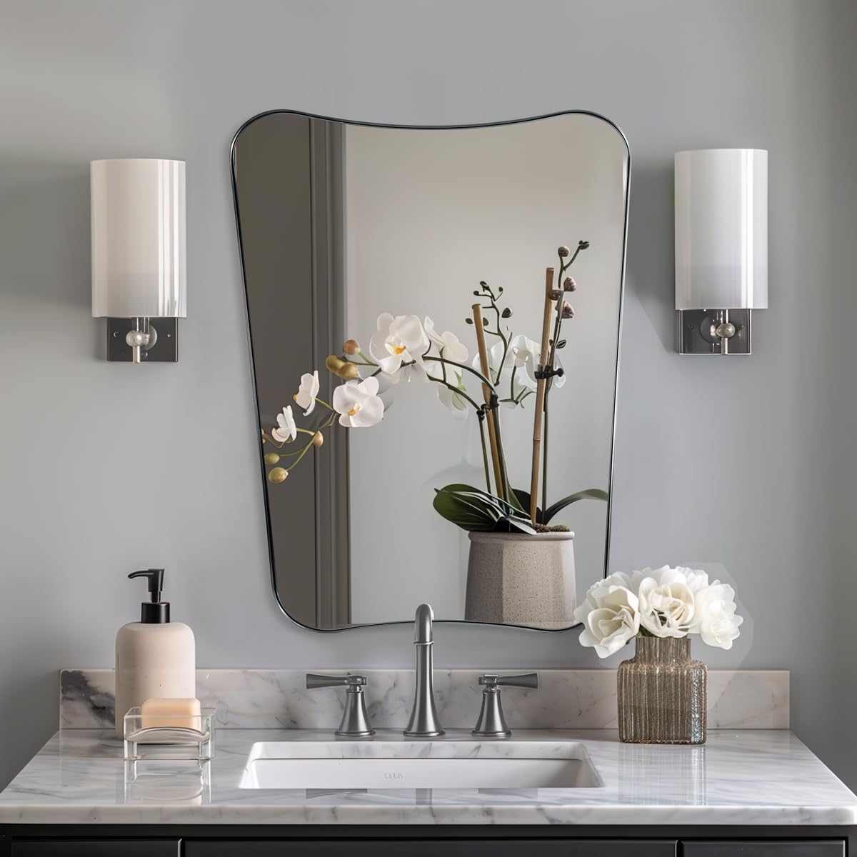 Concave Top Rectangle Irregular Scalloped Bathroom Vanity Mirror Asymmetrical Mirror in Stainless Steel Metal Frame