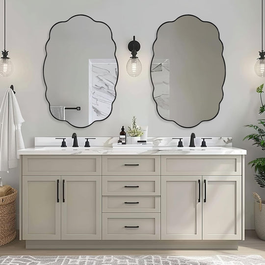 Contemporary Wavy Oval Scalloped Bathroom Vanity Mirror  Irregular Organic Mirror| Stainless Steel Framed
