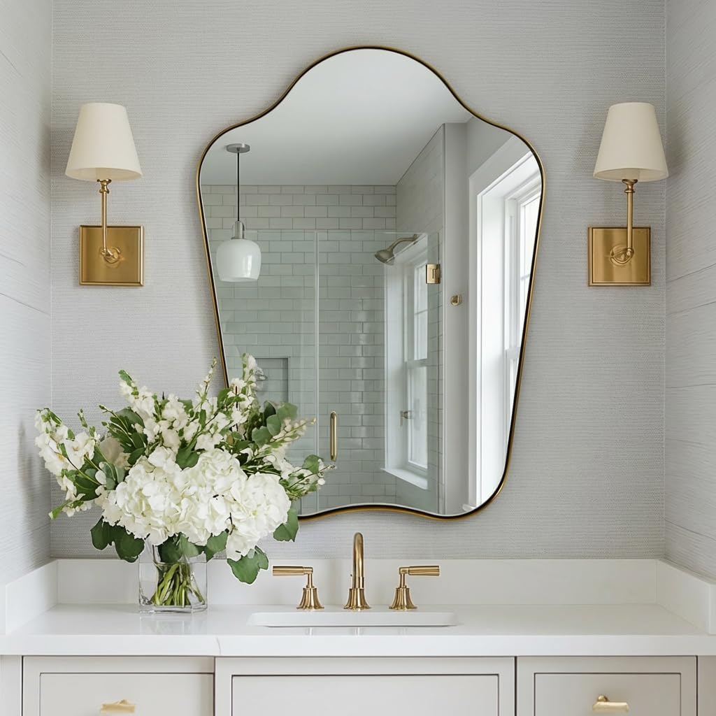 Contemporary Dual Arch Wall Mirror Irregular Scalloped Bathroom Mirror | Stainless Steel Frame