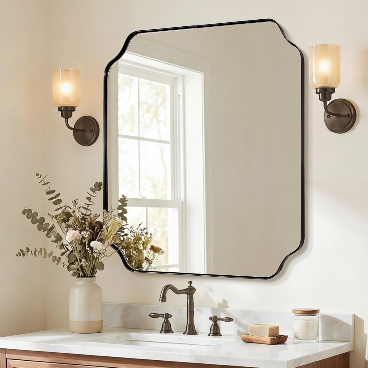Contemporary Notched Corner Rectangle Scalloped Mirror for Wall /Bathroom | Stainless Steel Frame