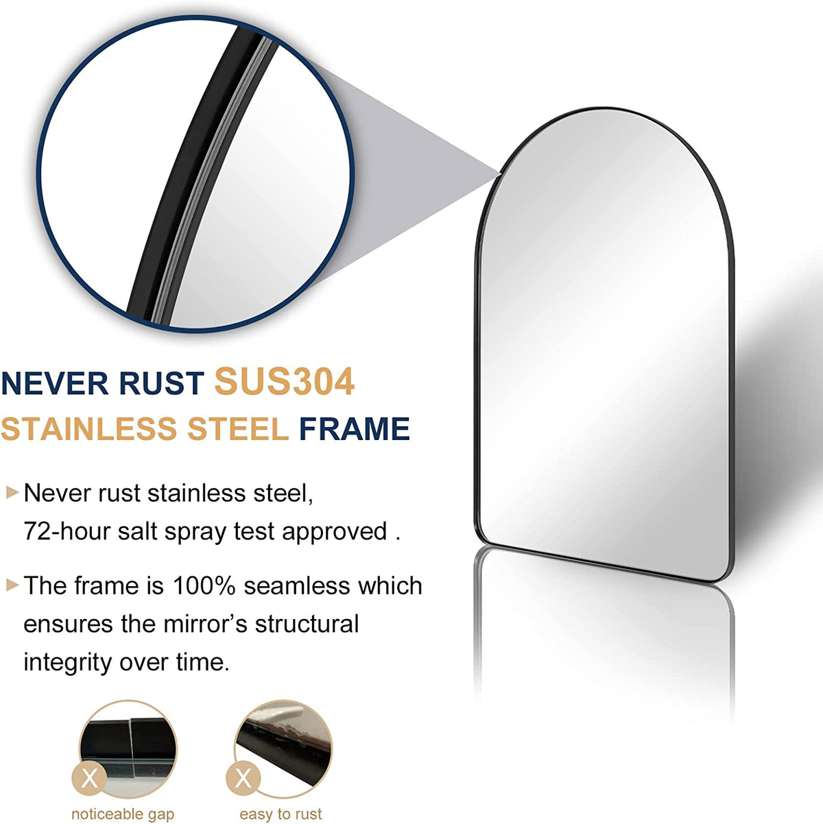 Contemporary Arched Bathroom Vanity Mirror | Stainless Steel Frame