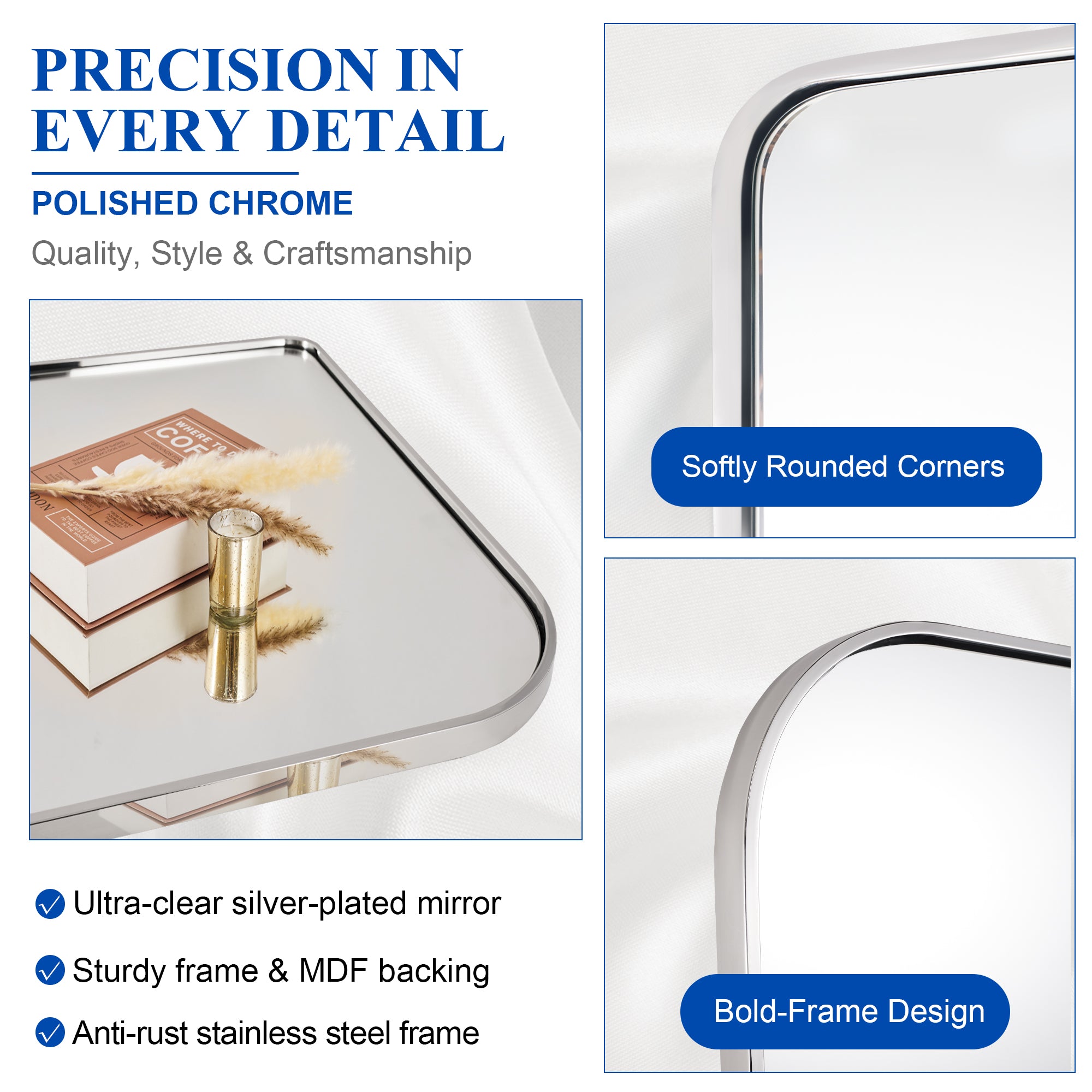 Bold-Frame Wide Arch Mantel Mirror Bathroom Vanity Mirror | Stainless Steel Frame