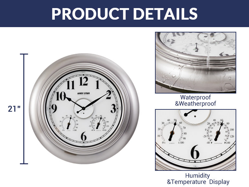 Modern Outdoor Wall Clock with Thermometer Weatherproof Large Lighted Clocks for Patio, Garden