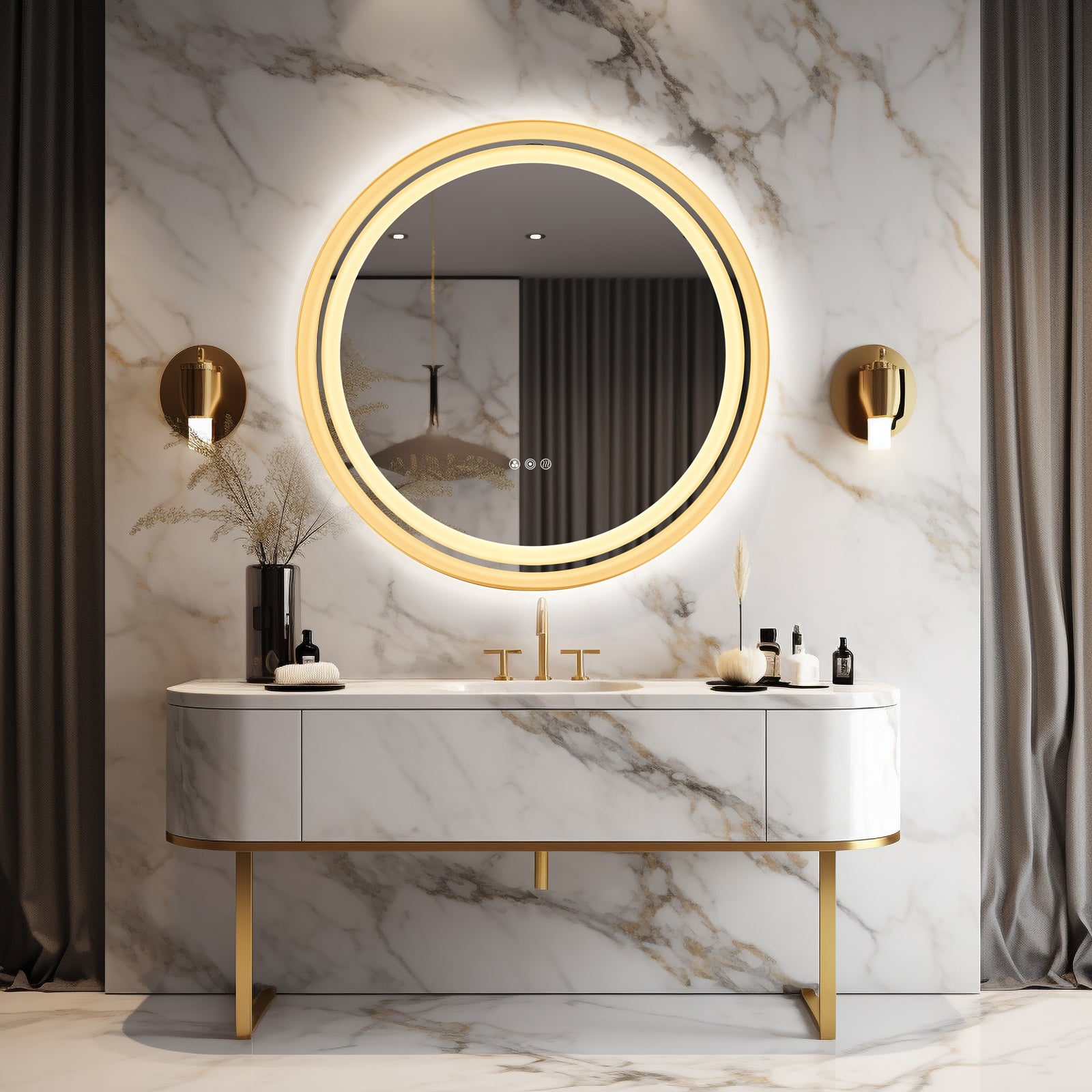 MOON MIRROR Round LED Bathroom Vanity Mirror with Lights,White Framed, Dual Front& Back Lights,Anti-Fog