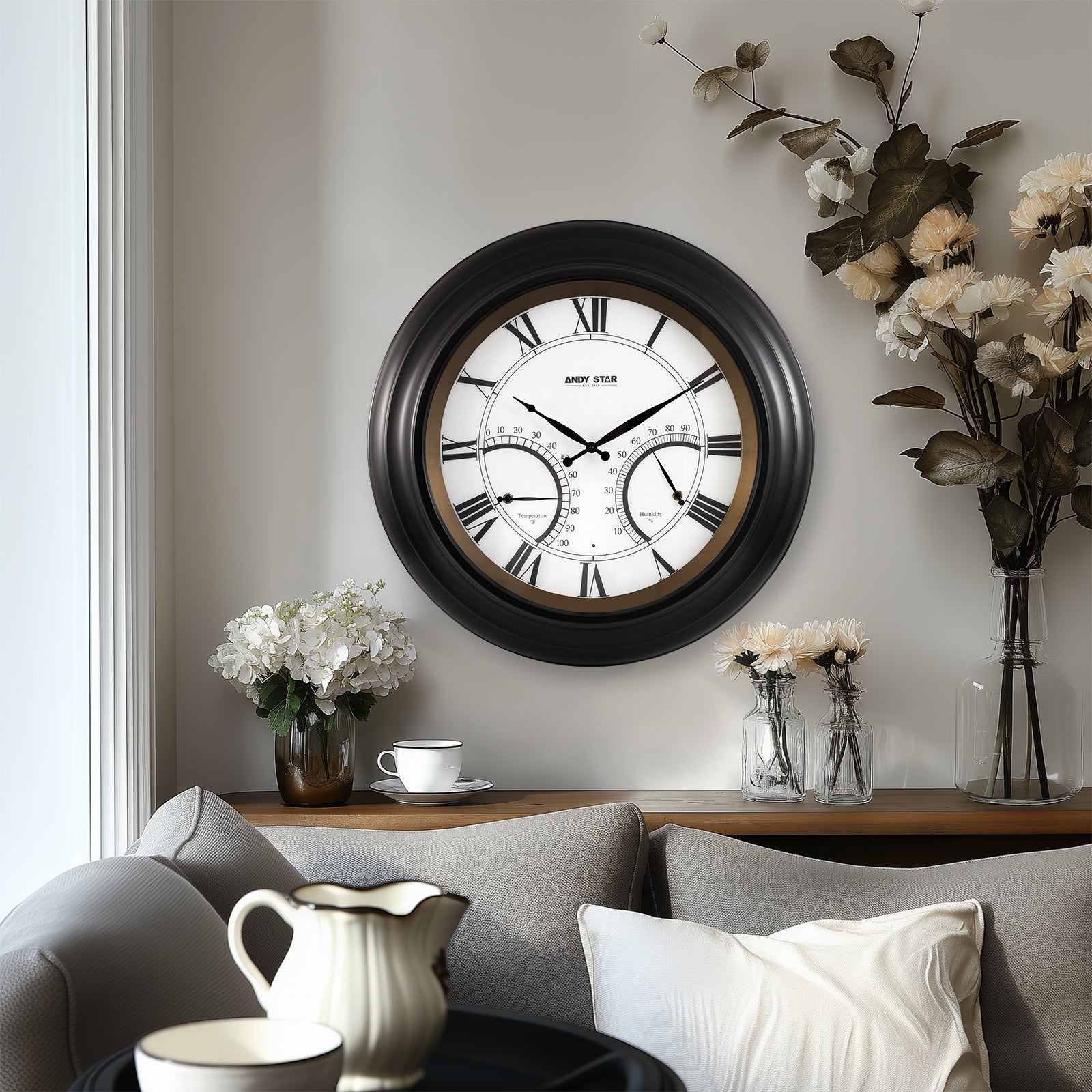 Contemporary Large Outdoor Wall Clock with Thermometer Waterproof Illuminated,24 Inch