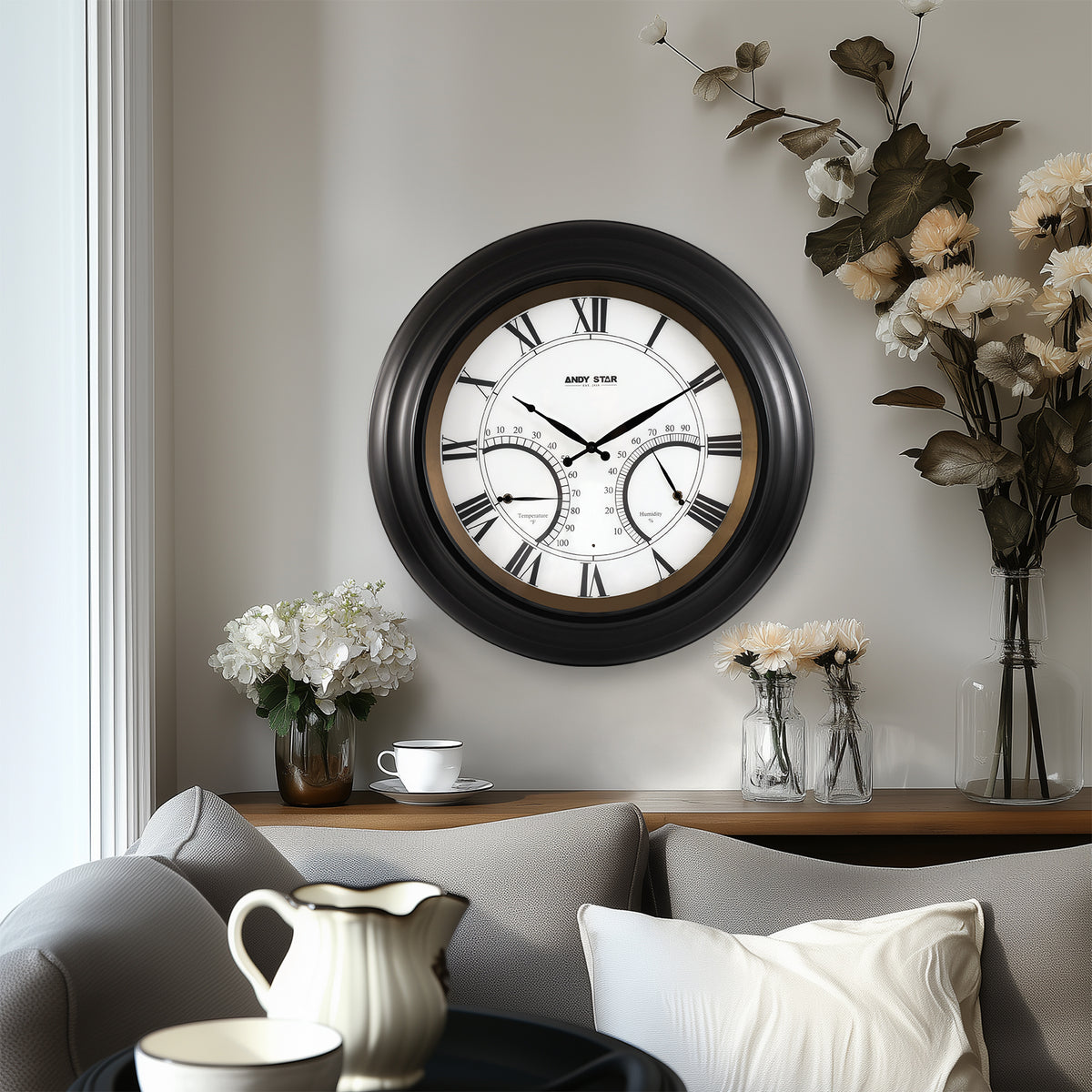 24 Inch Black Waterproof Large Outdoor Wall Clock with Thermometer
