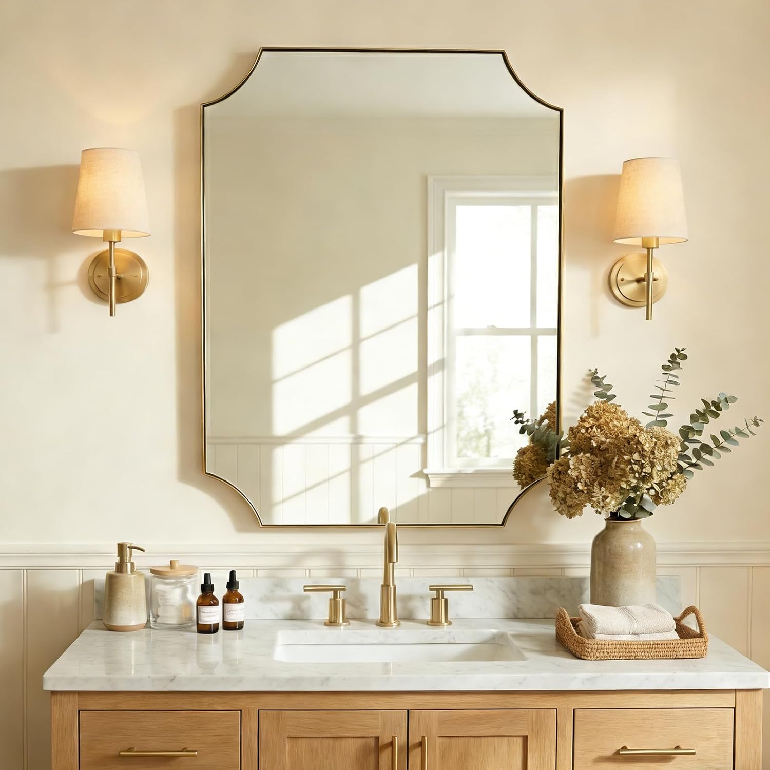 Modern Cut Corner Scalloped  Rectangle Bathroom Vanity Mirror | Stainless Steel Frame