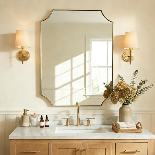 Modern Cut Corner Scalloped  Rectangle Bathroom Vanity Mirror | Stainless Steel Frame