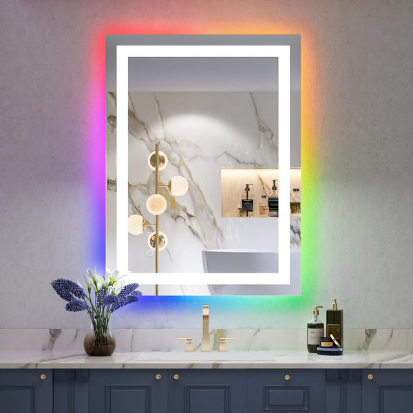 MIRROTREND RGB LED Bathroom Mirror with lights Frameless Rectangular Mirror,  Anti-Fog, Dimmable RGB Backlit + Front Lighted