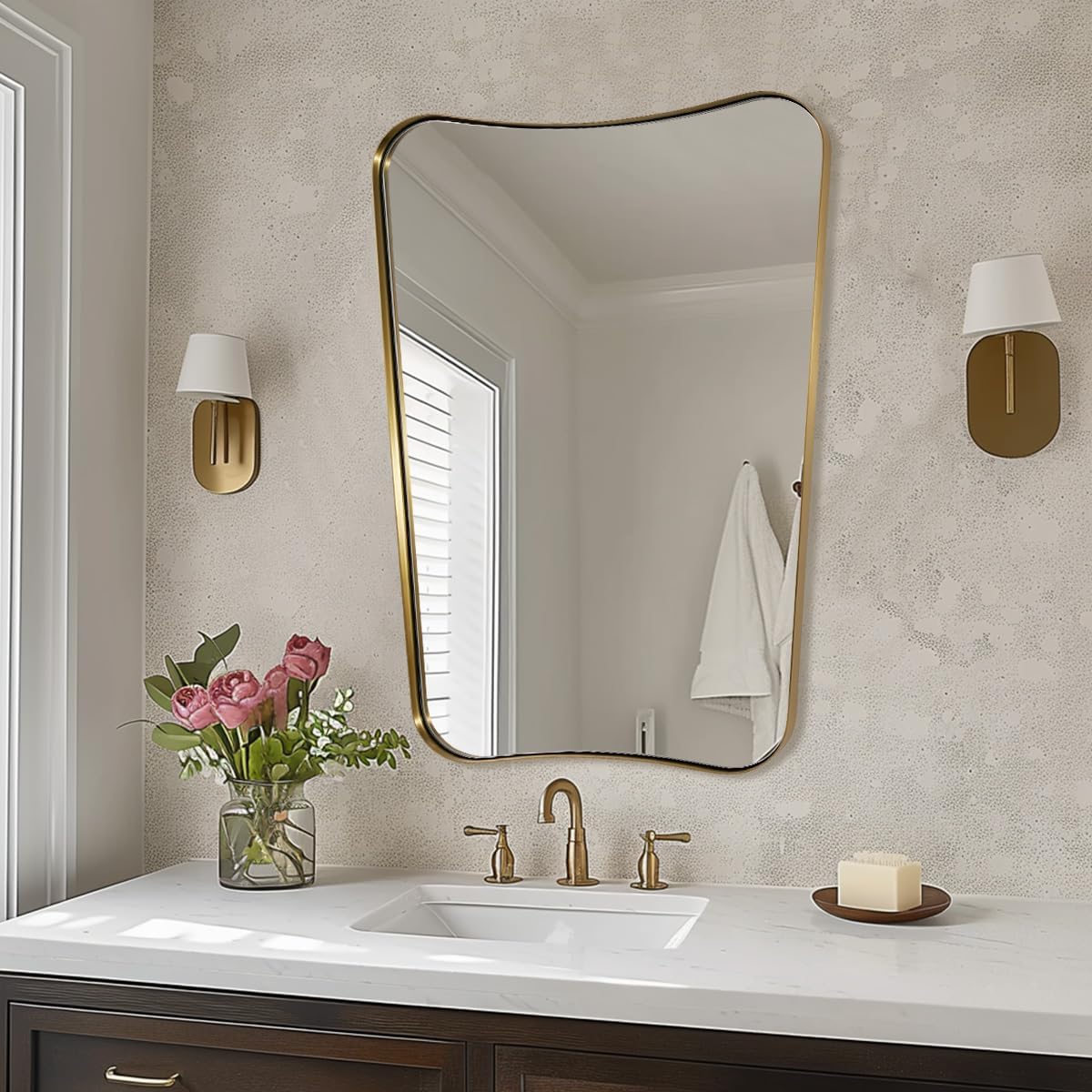 Concave Top Rectangle Irregular Scalloped Bathroom Vanity Mirror Asymmetrical Mirror in Stainless Steel Metal Frame