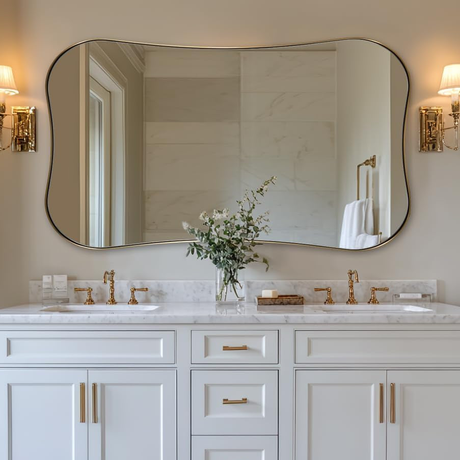 Contemporary Dual  Concave Edge Rouded Scalloped Rectangle Wall Mirror | Stainless Steel Frame