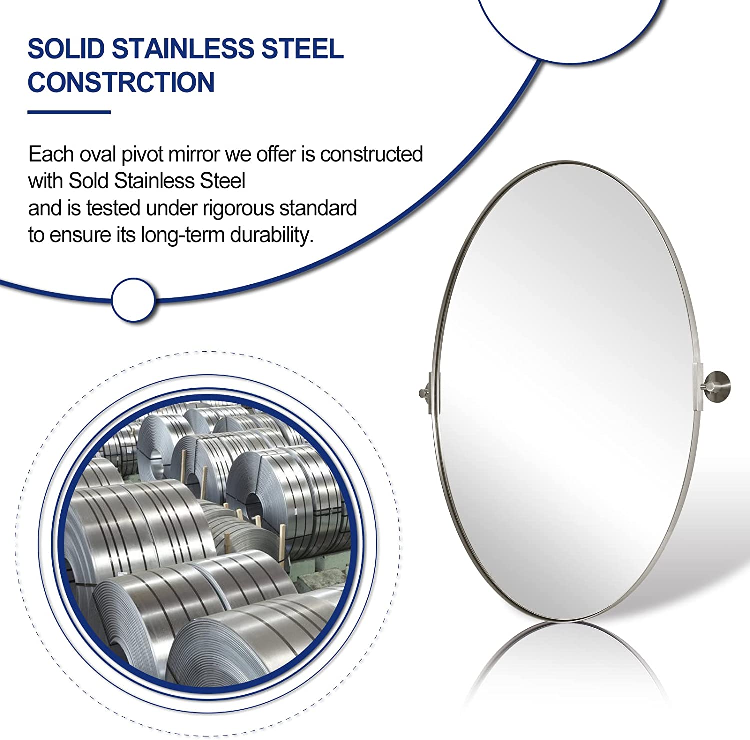 Open Box Like New : Oval Pivot Mirrors Adjustable Tilting Angle for Bathroom | Stainless Steel Framed